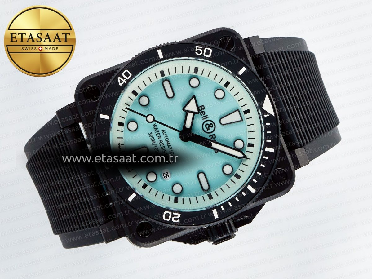 Bell Ross BR03 Diver BRF 1:1 Best Edition Pale Blue Dial on Black Rubber Strap A2824 - Görsel 8