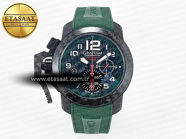 Graham Chronofighter Superlight 47mm Yeşil Kadran Kauçuk Kordon JKF A7750 Super Clone ETA – Ön Cephe Kadran ve Kasa Görünümü