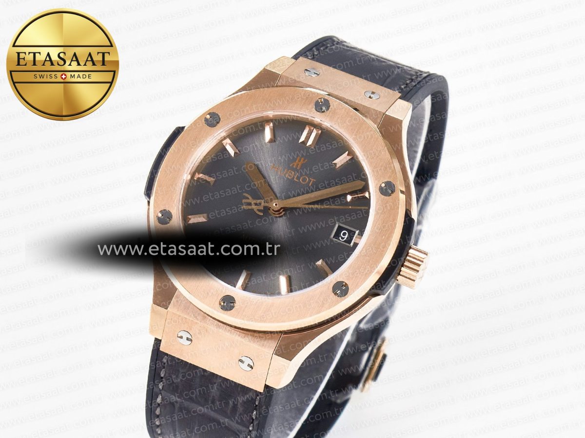 Hublot Classic Fusion 38mm RG JJF 1:1 Best Edition Gray Dial on Black Gummy Leather Strap - Görsel 1