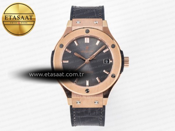 Hublot Classic Fusion 38mm RG JJF Gri Kadran Siyah Deri Eta Saat - 1:1 Süper Klon Replika Saat