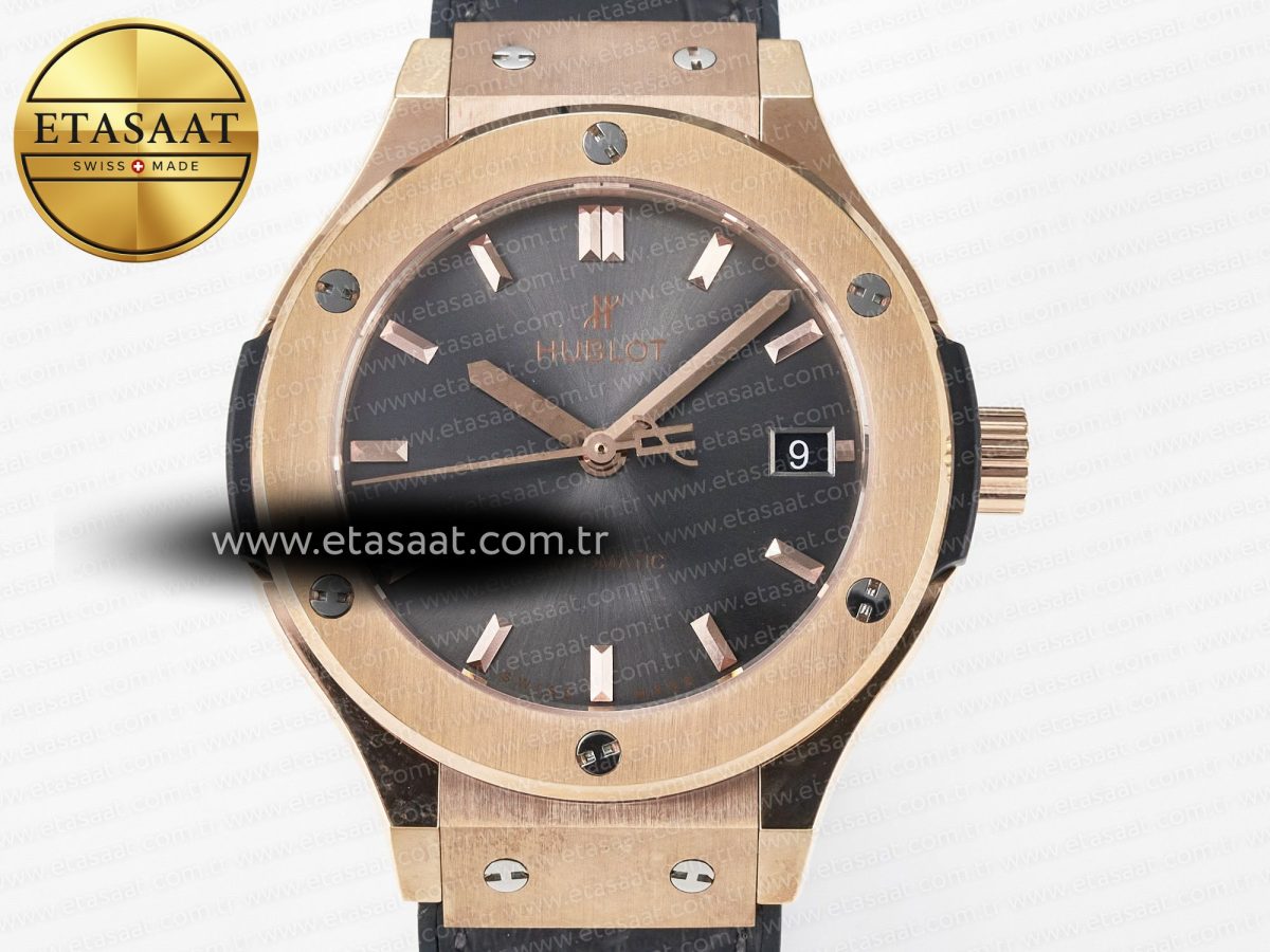 Hublot Classic Fusion 38mm RG JJF 1:1 Best Edition Gray Dial on Black Gummy Leather Strap - Görsel 4