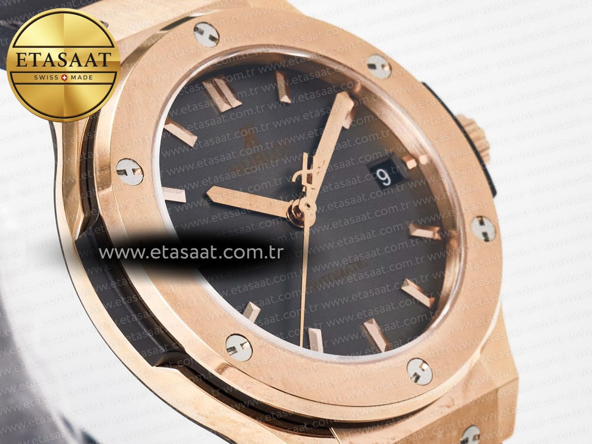 Hublot Classic Fusion 38mm RG JJF 1:1 Best Edition Gray Dial on Black Gummy Leather Strap - Görsel 5