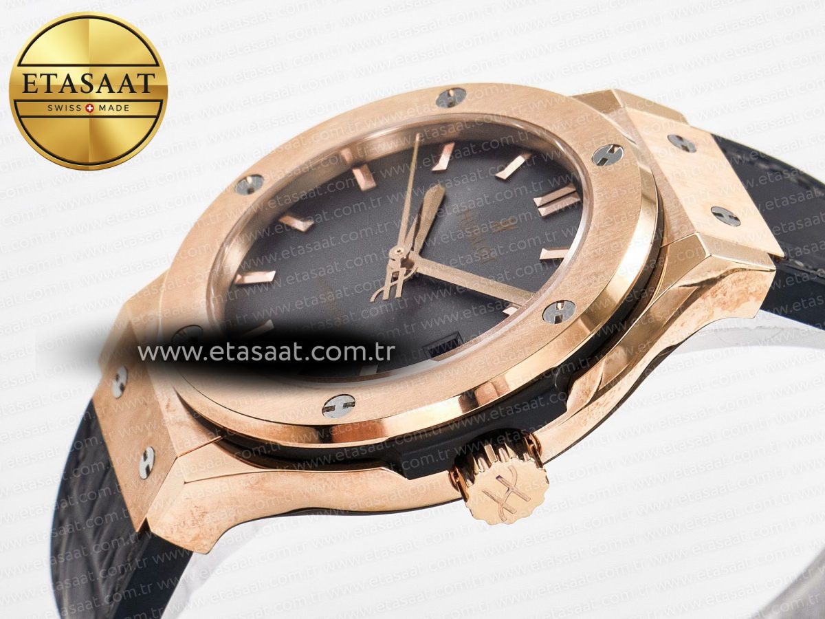 Hublot Classic Fusion 38mm RG JJF 1:1 Best Edition Gray Dial on Black Gummy Leather Strap - Görsel 6