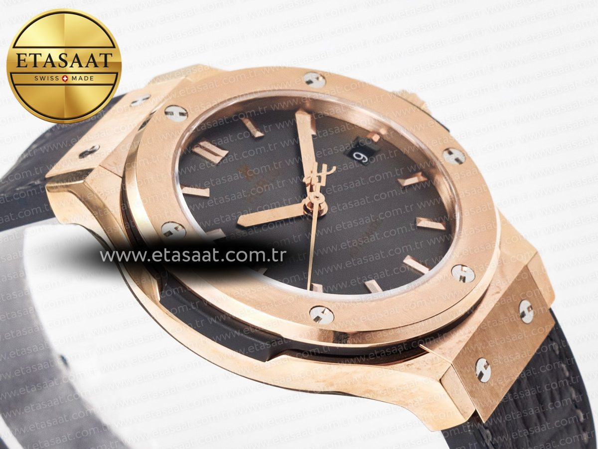Hublot Classic Fusion 38mm RG JJF 1:1 Best Edition Gray Dial on Black Gummy Leather Strap - Görsel 7
