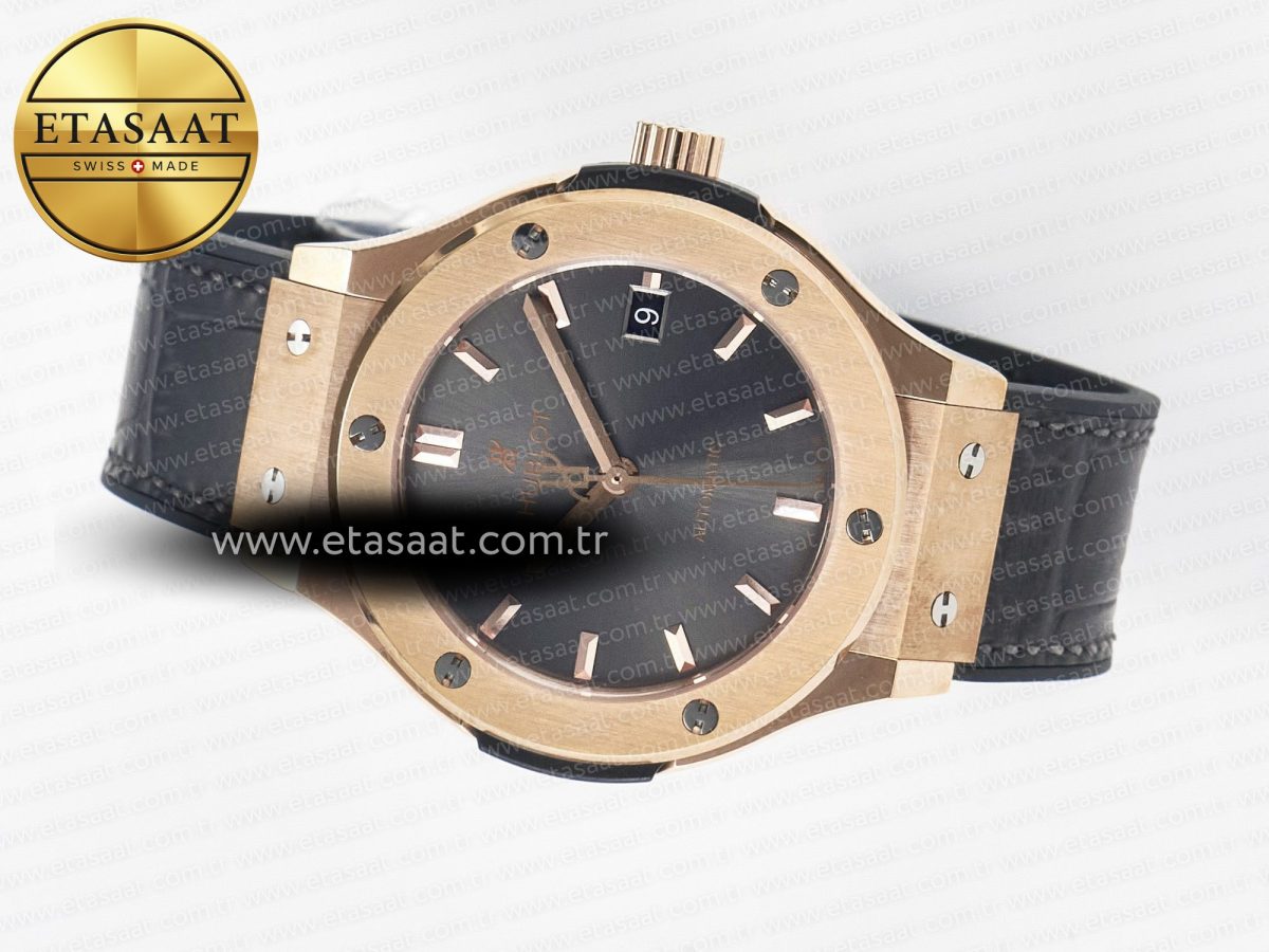 Hublot Classic Fusion 38mm RG JJF 1:1 Best Edition Gray Dial on Black Gummy Leather Strap - Görsel 9