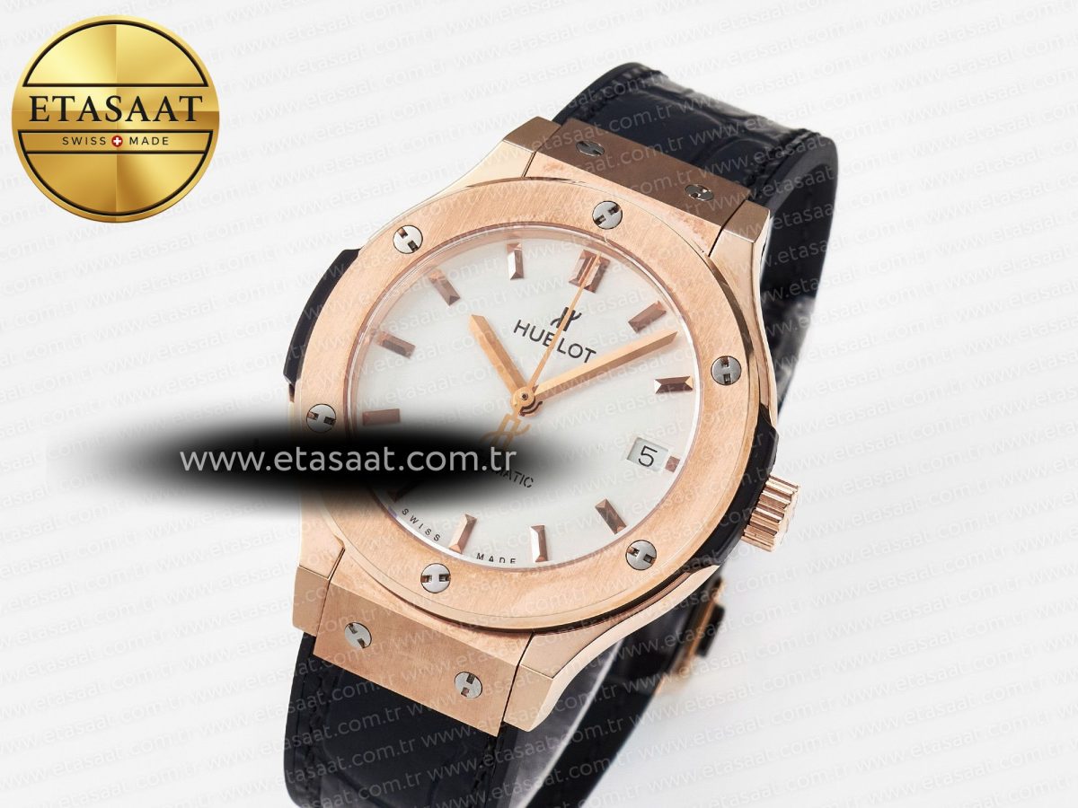 Hublot Classic Fusion 38mm RG JJF 1:1 Best Edition White Dial on Black Gummy Leather Strap - Görsel 2