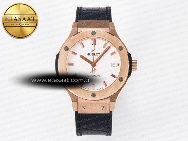 Hublot Classic Fusion 38mm RG JJF Beyaz Kadran Siyah Deri Eta Saat - 1:1 Süper Klon Replika Saat