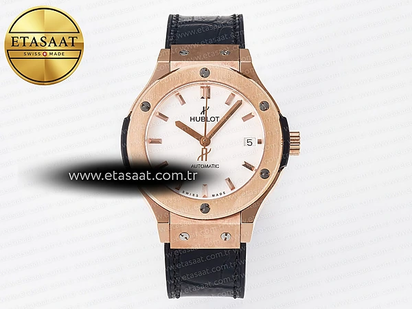 Hublot Classic Fusion 38mm RG JJF Beyaz Kadran Siyah Deri Eta Saat - 1:1 Süper Klon Replika Saat