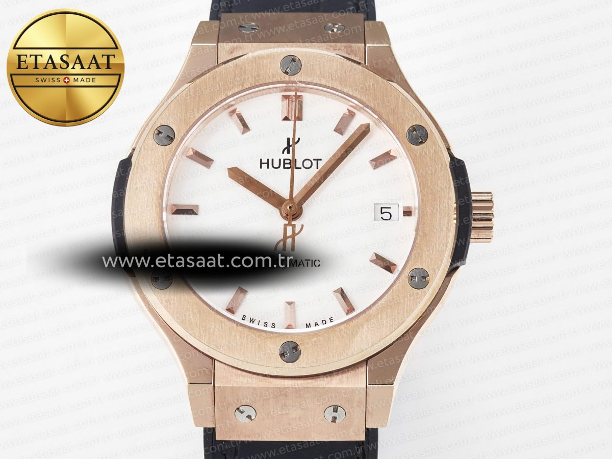 Hublot Classic Fusion 38mm RG JJF 1:1 Best Edition White Dial on Black Gummy Leather Strap - Görsel 4