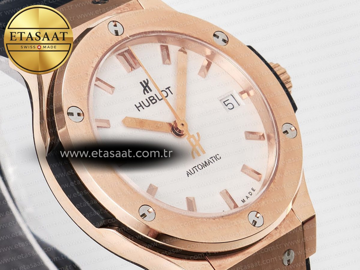 Hublot Classic Fusion 38mm RG JJF 1:1 Best Edition White Dial on Black Gummy Leather Strap - Görsel 5