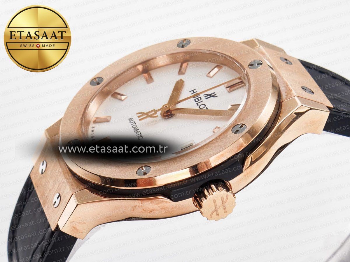 Hublot Classic Fusion 38mm RG JJF 1:1 Best Edition White Dial on Black Gummy Leather Strap - Görsel 6
