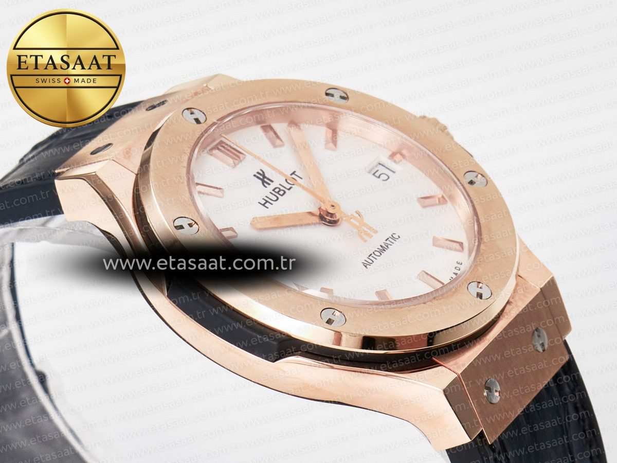 Hublot Classic Fusion 38mm RG JJF 1:1 Best Edition White Dial on Black Gummy Leather Strap - Görsel 7