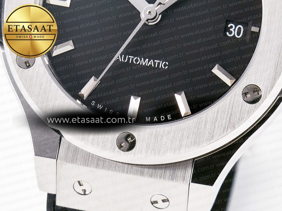 Hublot Classic Fusion 38mm SS JJF 1:1 Best Edition Black Dial on Black Gummy Leather Strap - Görsel 13