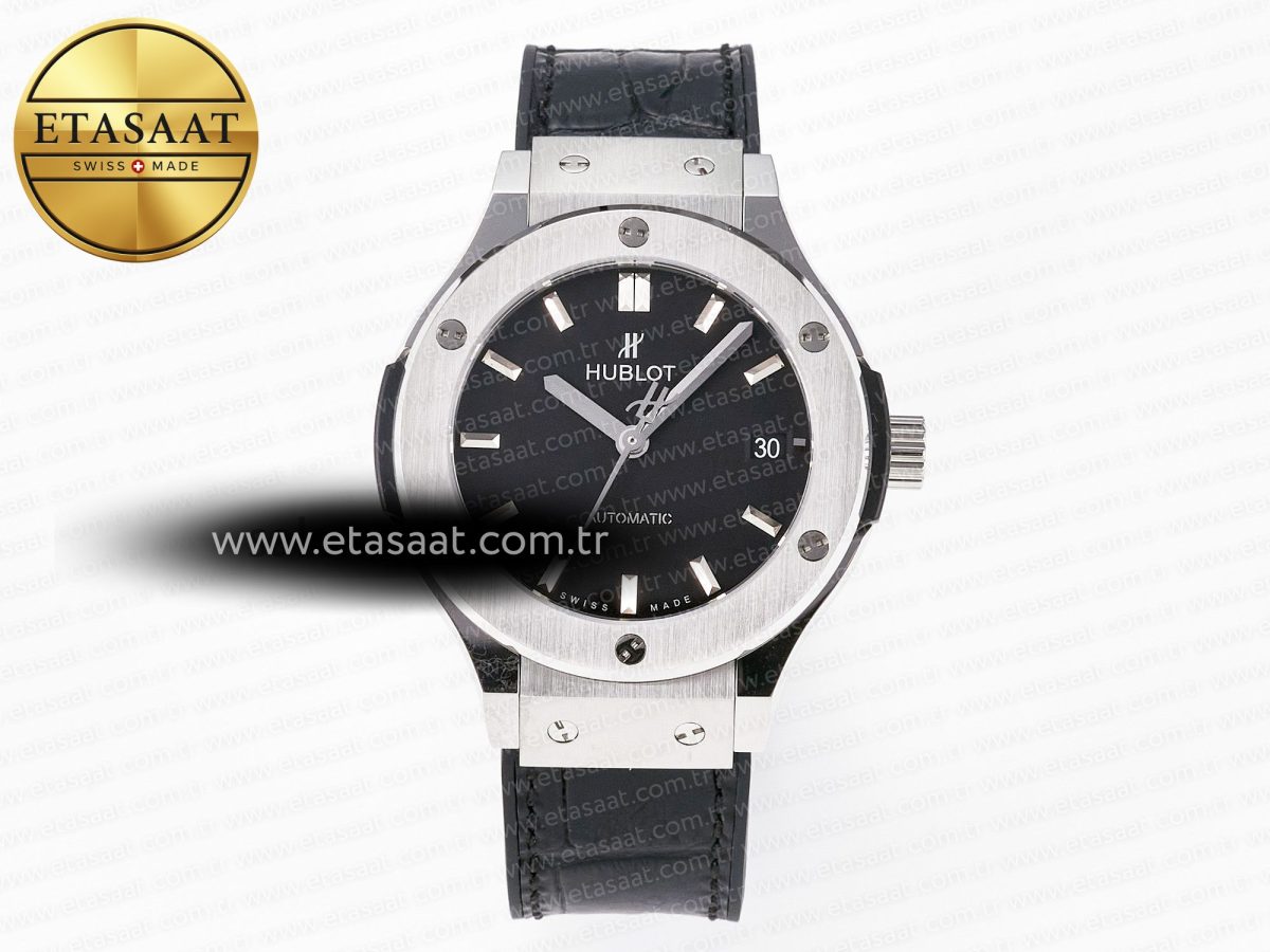 Hublot Classic Fusion 38mm SS JJF 1:1 Best Edition Black Dial on Black Gummy Leather Strap - Görsel 3
