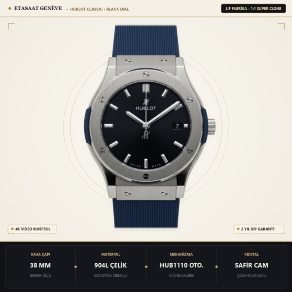 Hublot Classic Fusion 38mm SS JJF Siyah Kadran Deri Eta Saat - 1:1 Süper Klon Replika Saat