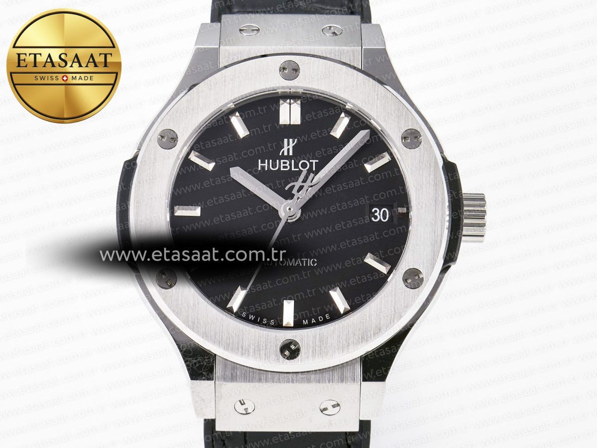 Hublot Classic Fusion 38mm SS JJF 1:1 Best Edition Black Dial on Black Gummy Leather Strap - Görsel 4
