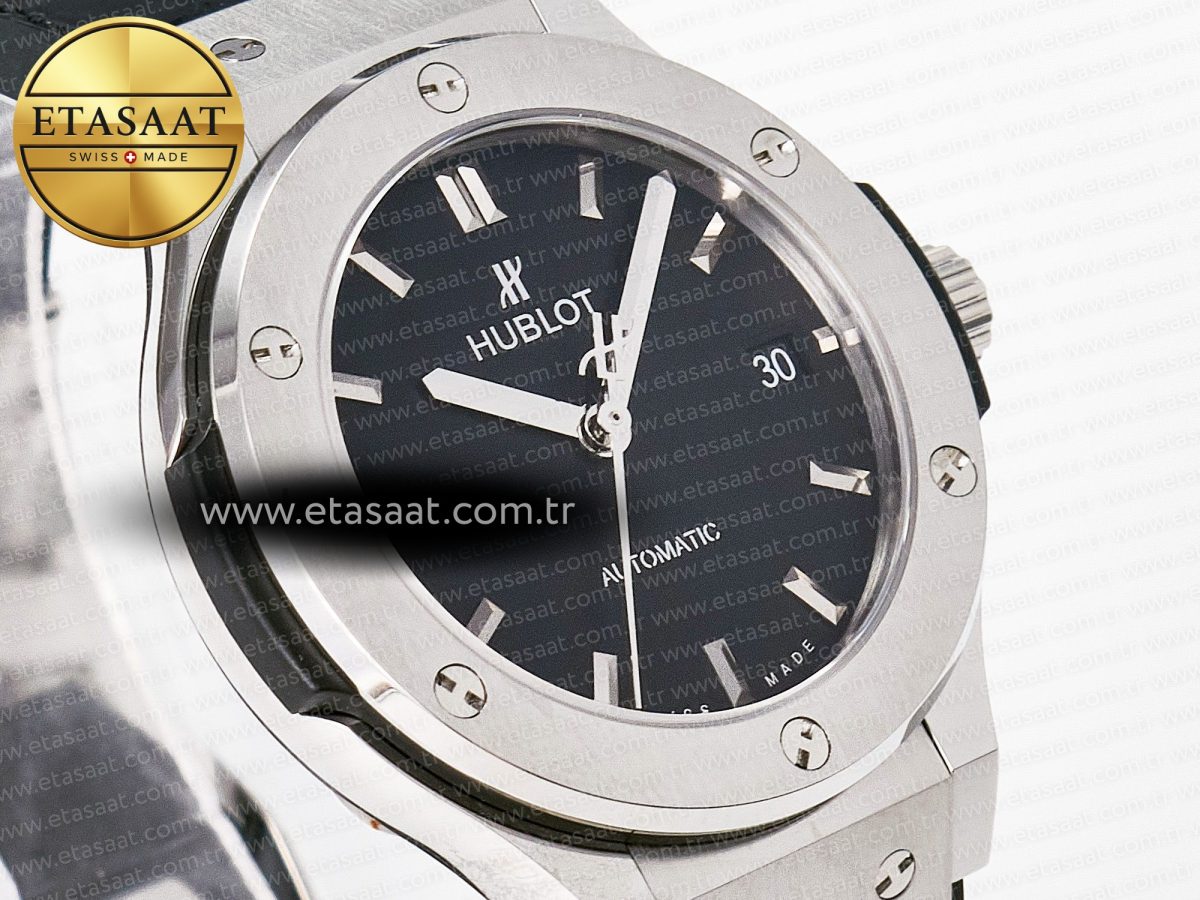 Hublot Classic Fusion 38mm SS JJF 1:1 Best Edition Black Dial on Black Gummy Leather Strap - Görsel 5