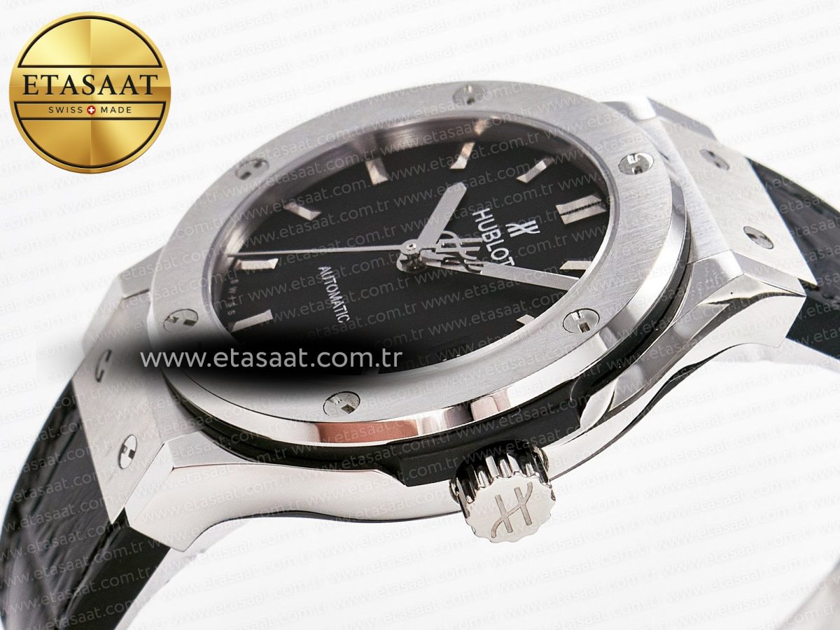 Hublot Classic Fusion 38mm SS JJF 1:1 Best Edition Black Dial on Black Gummy Leather Strap - Görsel 6