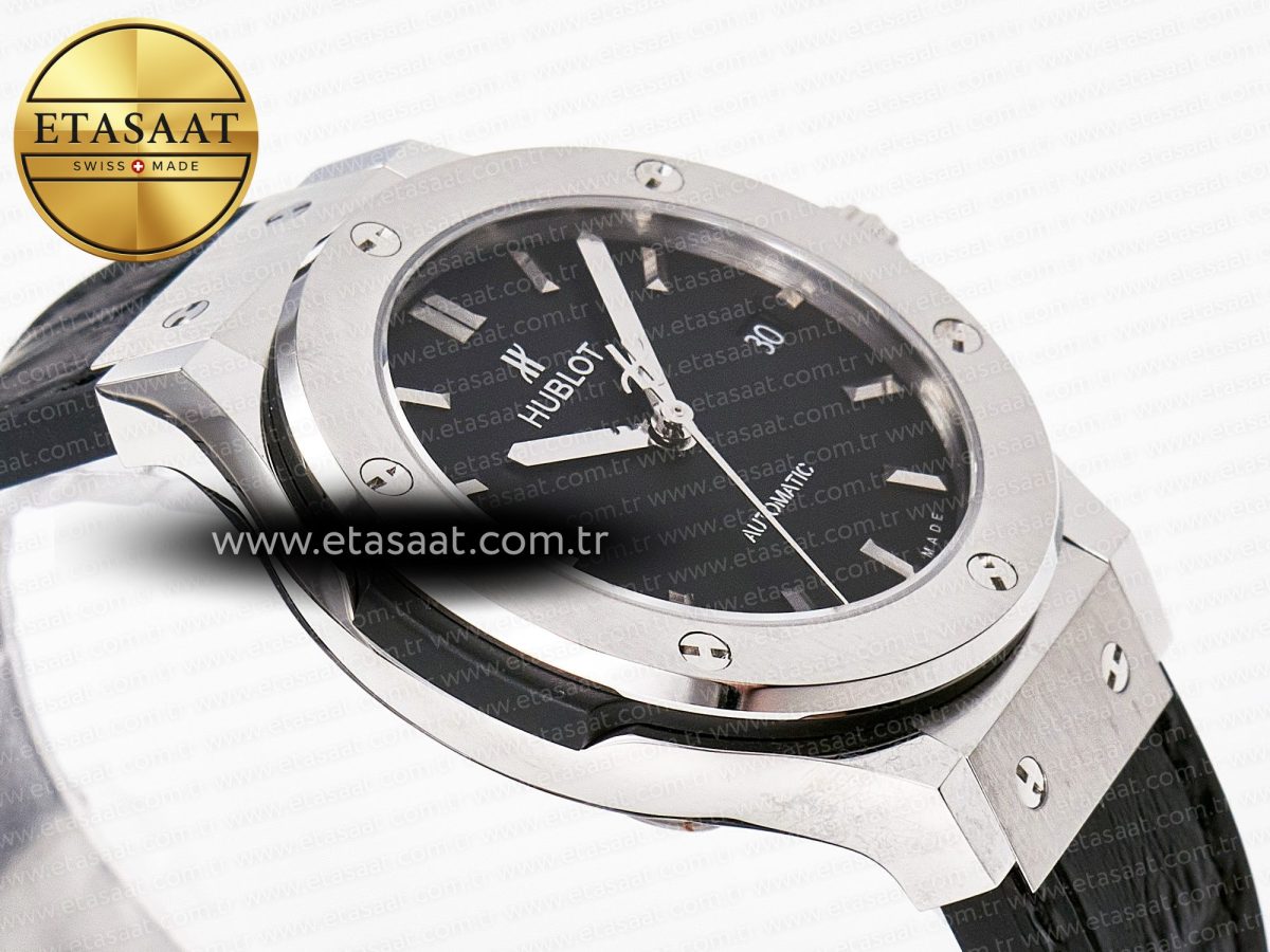 Hublot Classic Fusion 38mm SS JJF 1:1 Best Edition Black Dial on Black Gummy Leather Strap - Görsel 7