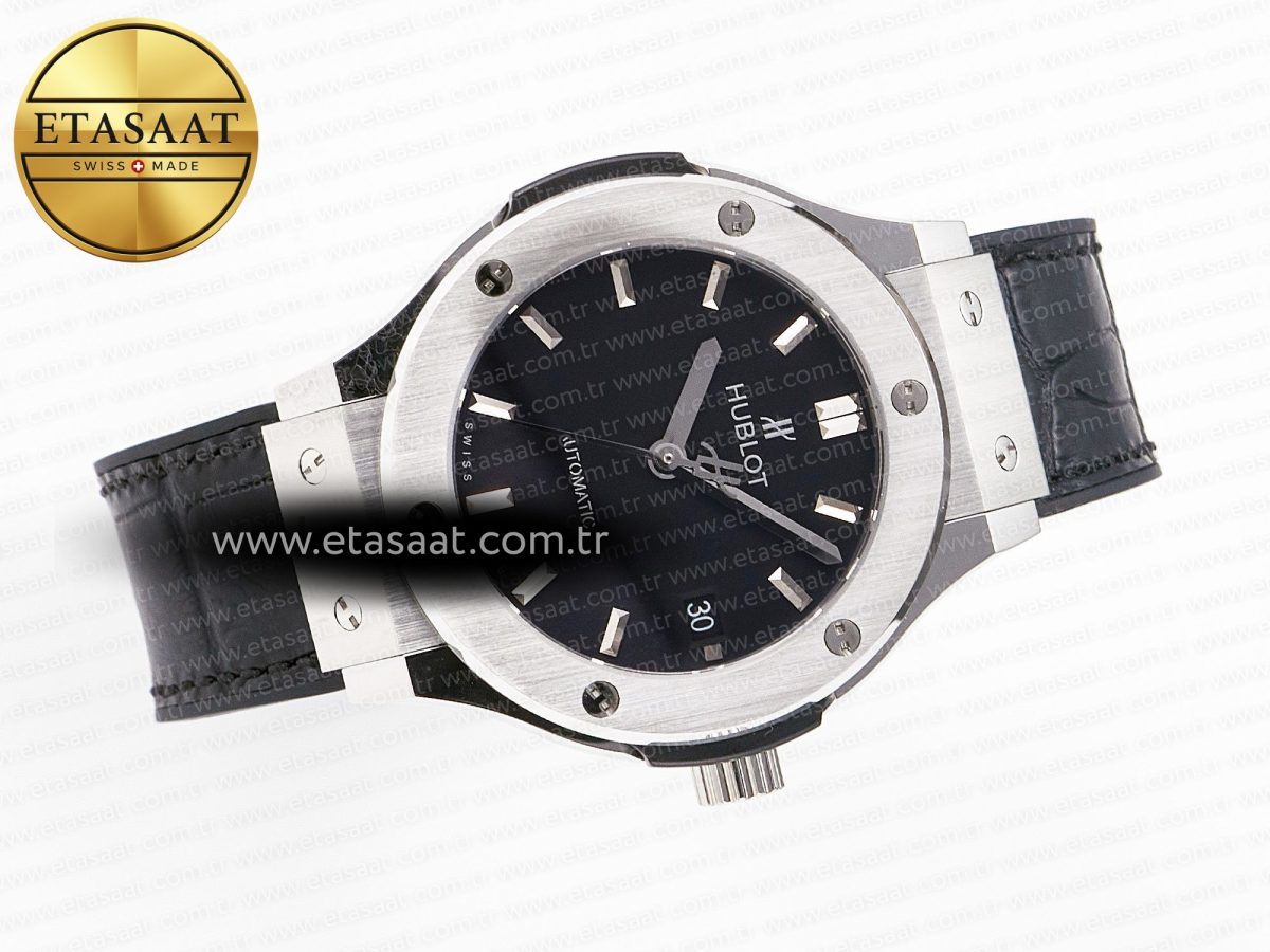 Hublot Classic Fusion 38mm SS JJF 1:1 Best Edition Black Dial on Black Gummy Leather Strap - Görsel 8