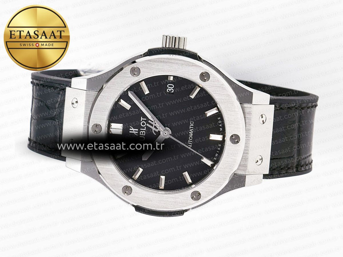 Hublot Classic Fusion 38mm SS JJF 1:1 Best Edition Black Dial on Black Gummy Leather Strap - Görsel 9