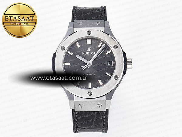 Hublot Classic Fusion 38mm SS JJF Gri Kadran Siyah Deri Eta Saat - 1:1 Süper Klon Replika Saat