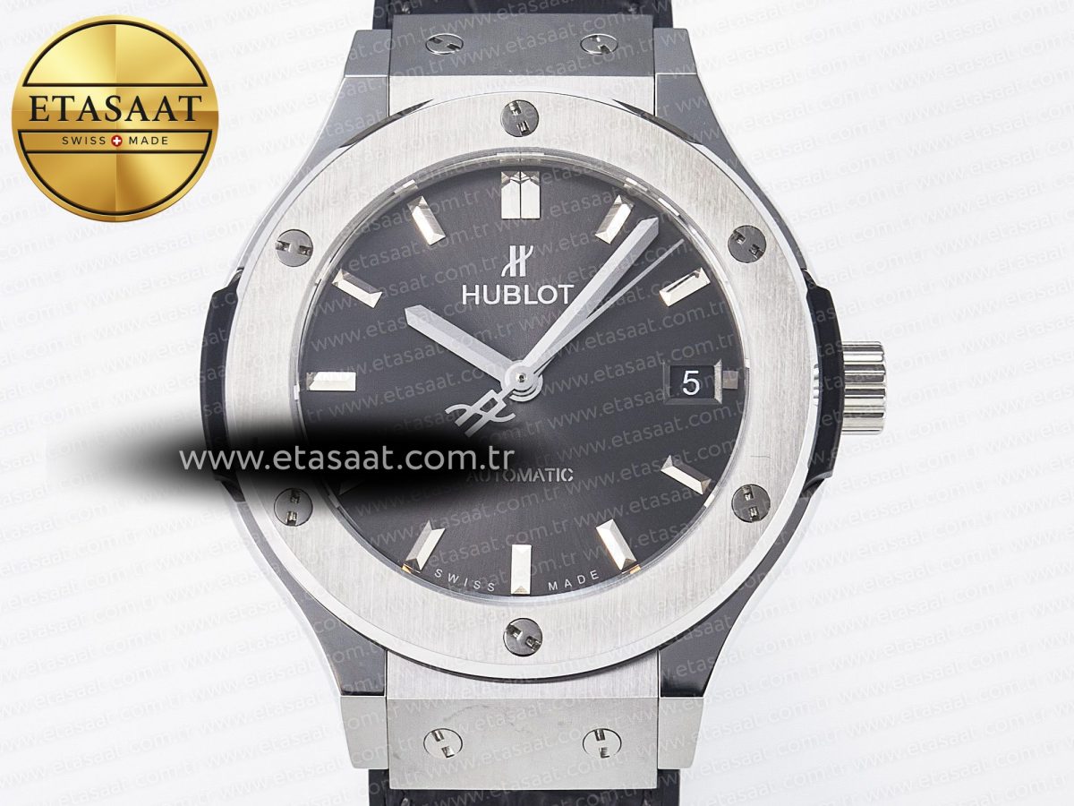 Hublot Classic Fusion 38mm SS JJF 1:1 Best Edition Gray Dial on Black Gummy Leather Strap - Görsel 4