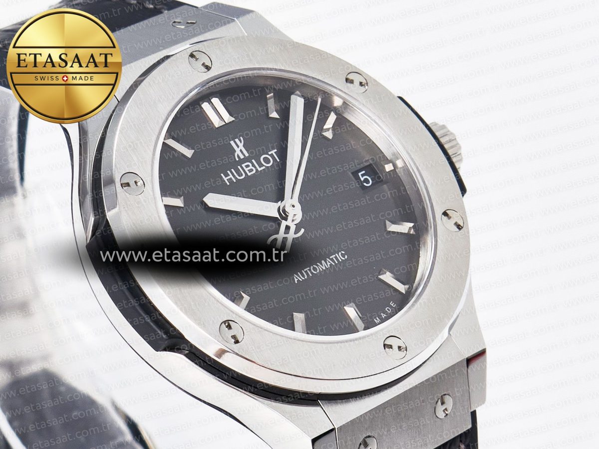 Hublot Classic Fusion 38mm SS JJF 1:1 Best Edition Gray Dial on Black Gummy Leather Strap - Görsel 5