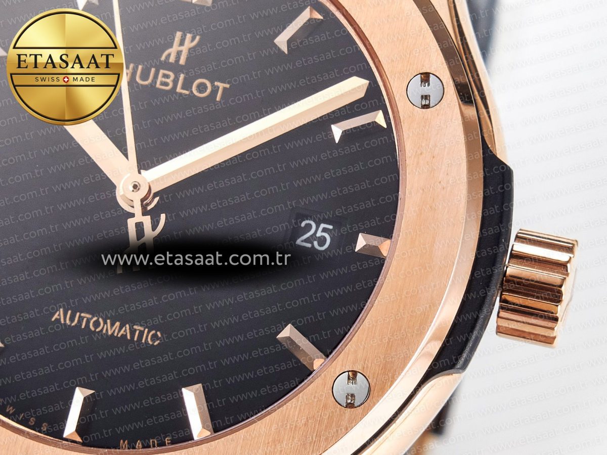Hublot Classic Fusion 42mm RG JJF 1:1 Best Edition Black Dial on Black Gummy Leather Strapa - Görsel 12