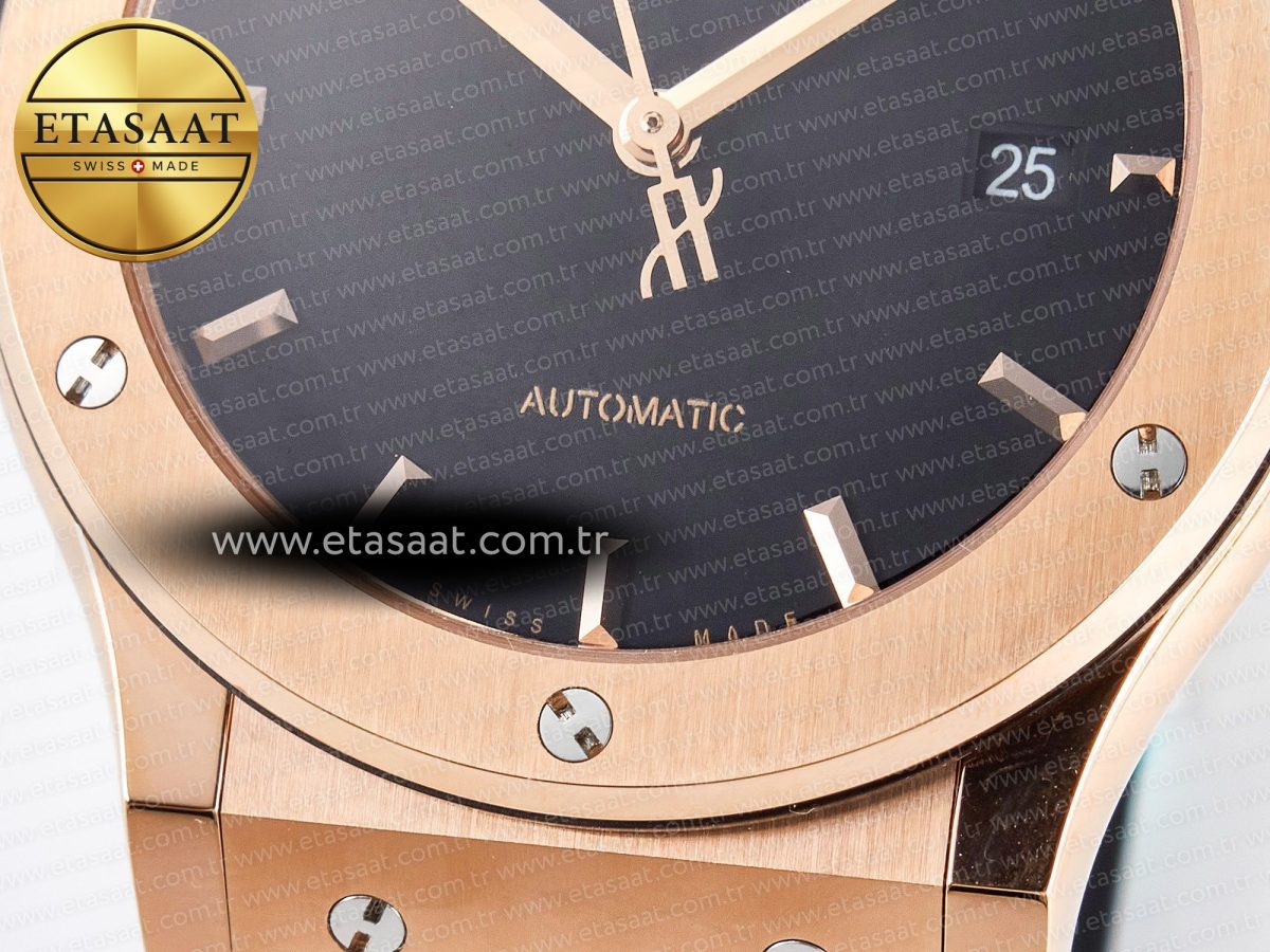 Hublot Classic Fusion 42mm RG JJF 1:1 Best Edition Black Dial on Black Gummy Leather Strapa - Görsel 13