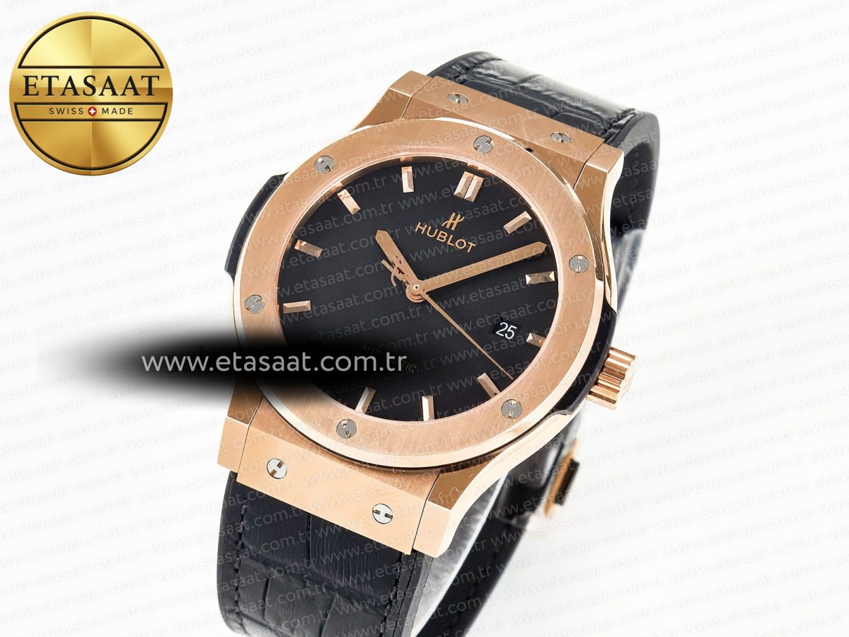 Hublot Classic Fusion 42mm RG JJF 1:1 Best Edition Black Dial on Black Gummy Leather Strapa - Görsel 2