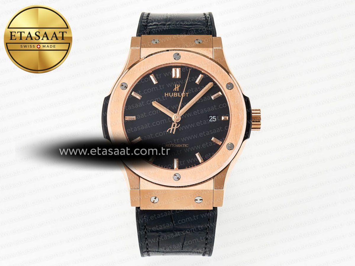 Hublot Classic Fusion 42mm RG JJF 1:1 Best Edition Black Dial on Black Gummy Leather Strapa - Görsel 3