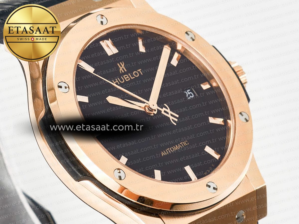 Hublot Classic Fusion 42mm RG JJF 1:1 Best Edition Black Dial on Black Gummy Leather Strapa - Görsel 5