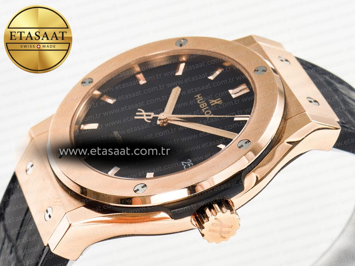 Hublot Classic Fusion 42mm RG JJF 1:1 Best Edition Black Dial on Black Gummy Leather Strapa - Görsel 6