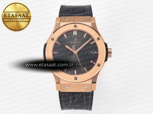 Hublot Classic Fusion 42mm RG JJF Gri Kadran Siyah Deri Eta Saat - 1:1 Süper Klon Replika Saat