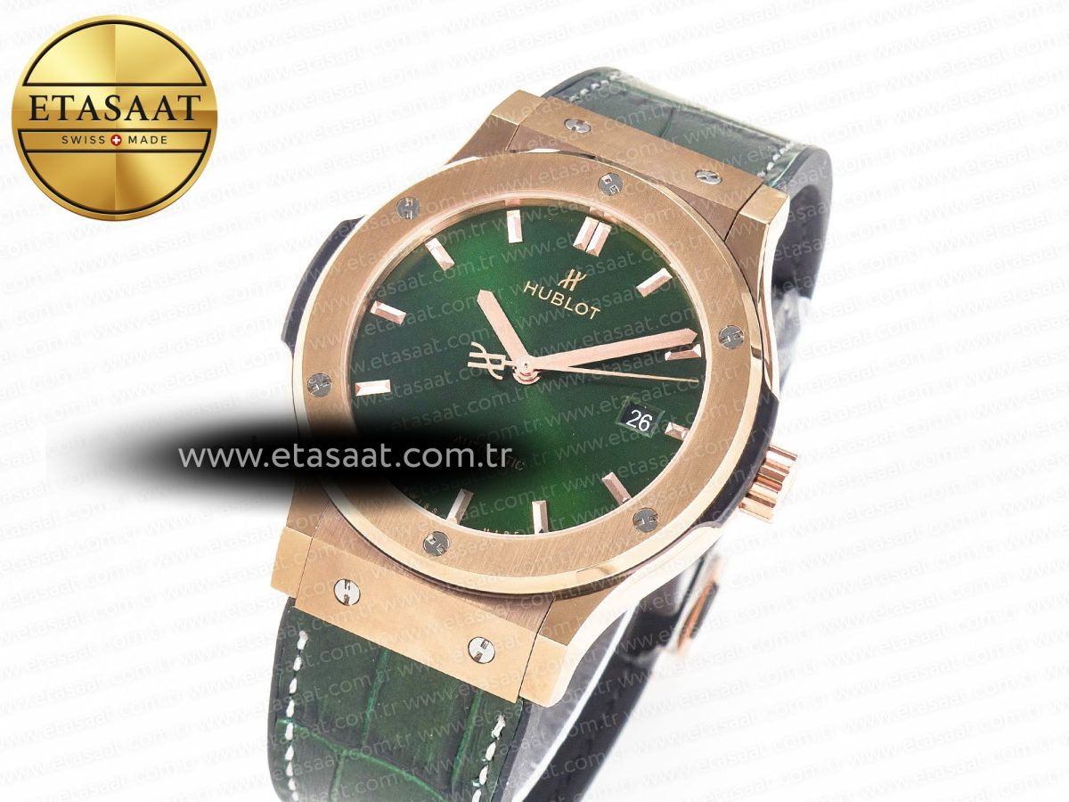 Hublot Classic Fusion 42mm RG JJF 1:1 Best Edition Green Dial on Green Gummy Leather Strap - Görsel 1