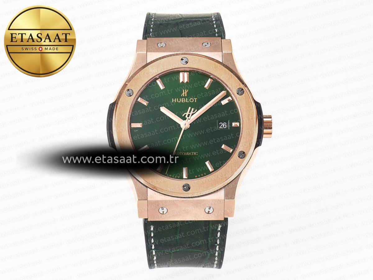 Hublot Classic Fusion 42mm RG JJF 1:1 Best Edition Green Dial on Green Gummy Leather Strap - Görsel 3