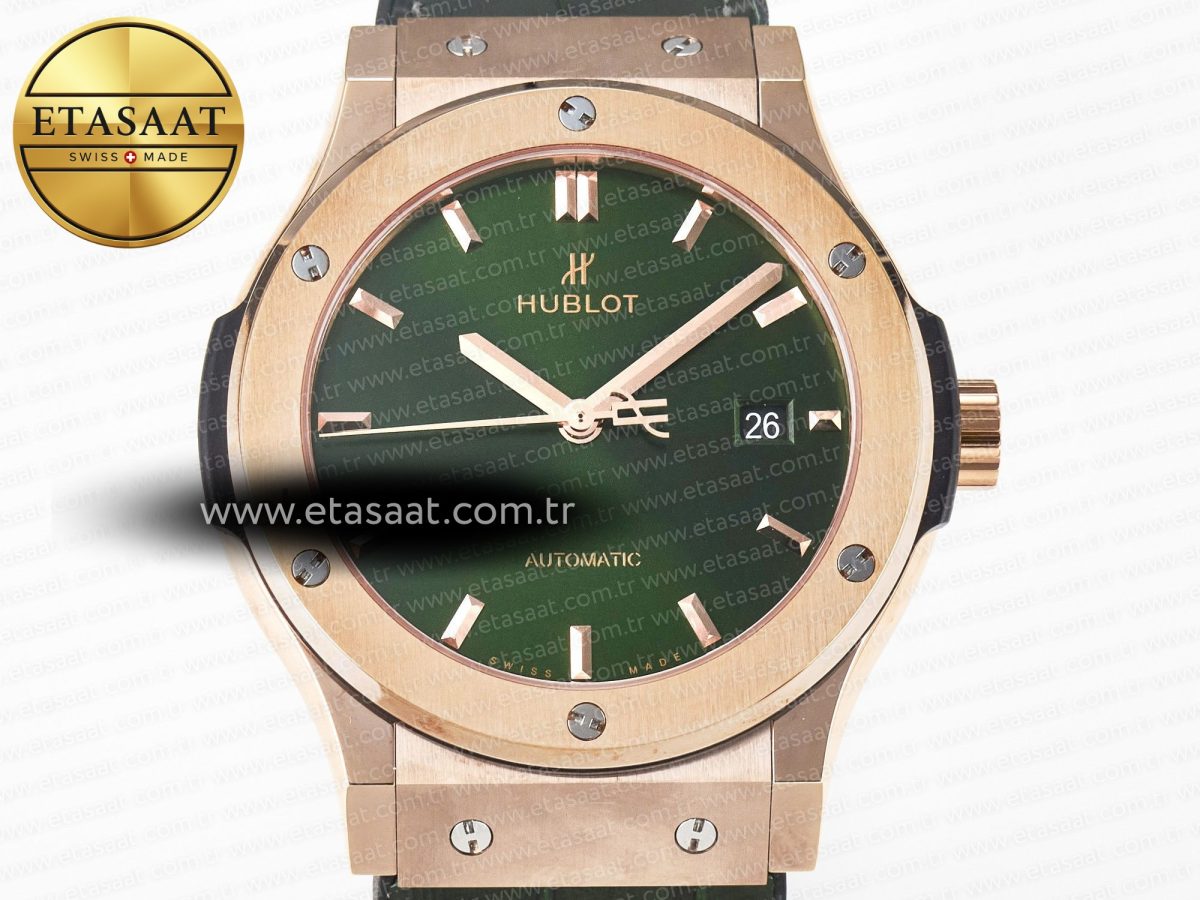Hublot Classic Fusion 42mm RG JJF 1:1 Best Edition Green Dial on Green Gummy Leather Strap - Görsel 4