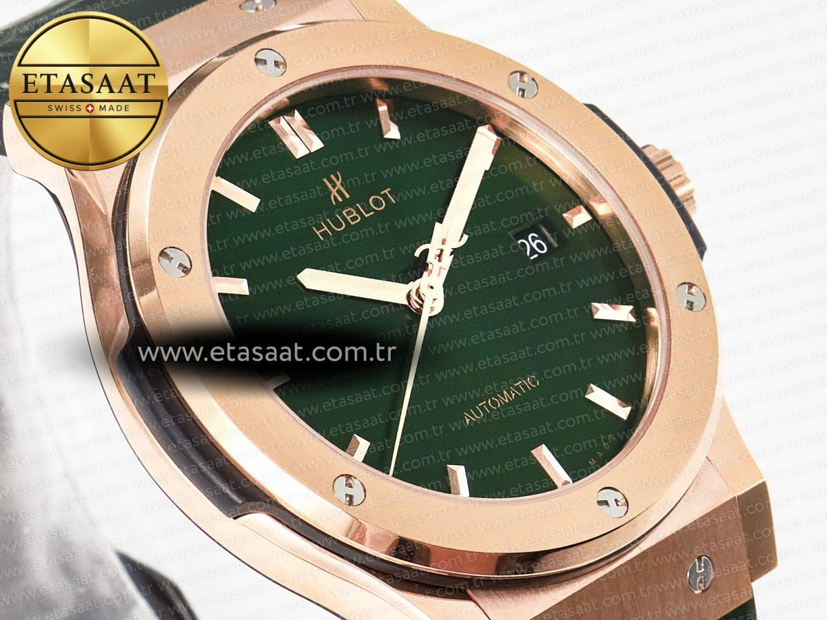 Hublot Classic Fusion 42mm RG JJF 1:1 Best Edition Green Dial on Green Gummy Leather Strap - Görsel 5