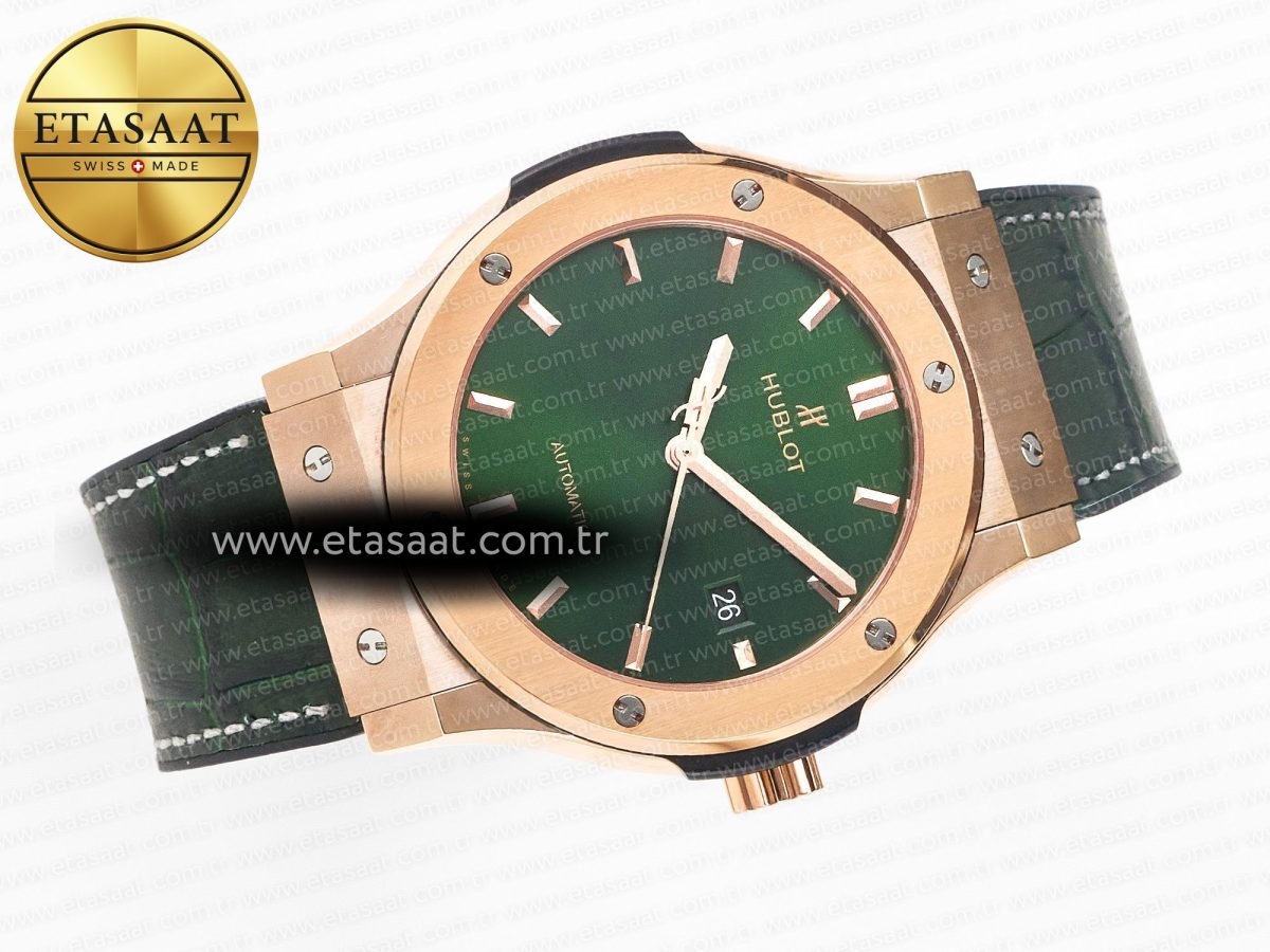 Hublot Classic Fusion 42mm RG JJF 1:1 Best Edition Green Dial on Green Gummy Leather Strap - Görsel 8