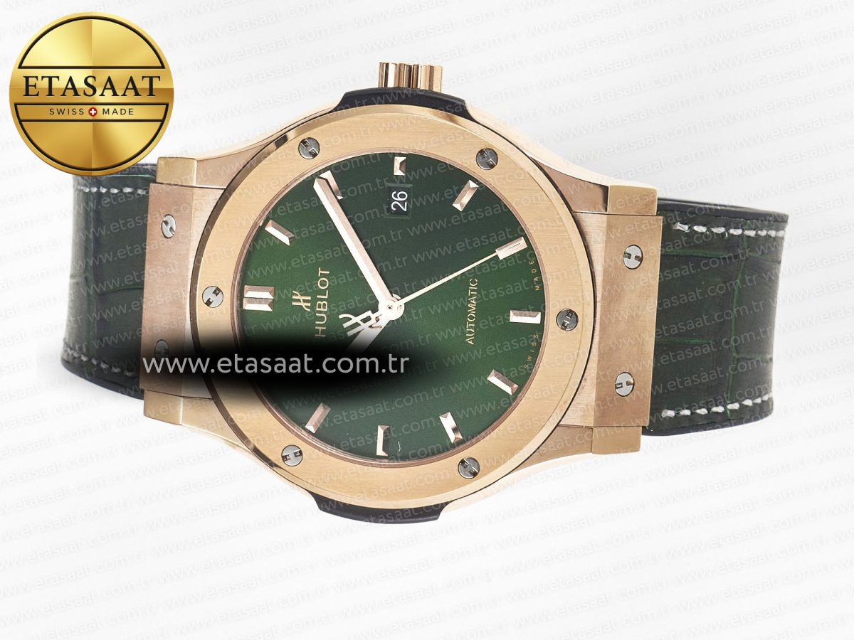 Hublot Classic Fusion 42mm RG JJF 1:1 Best Edition Green Dial on Green Gummy Leather Strap - Görsel 9