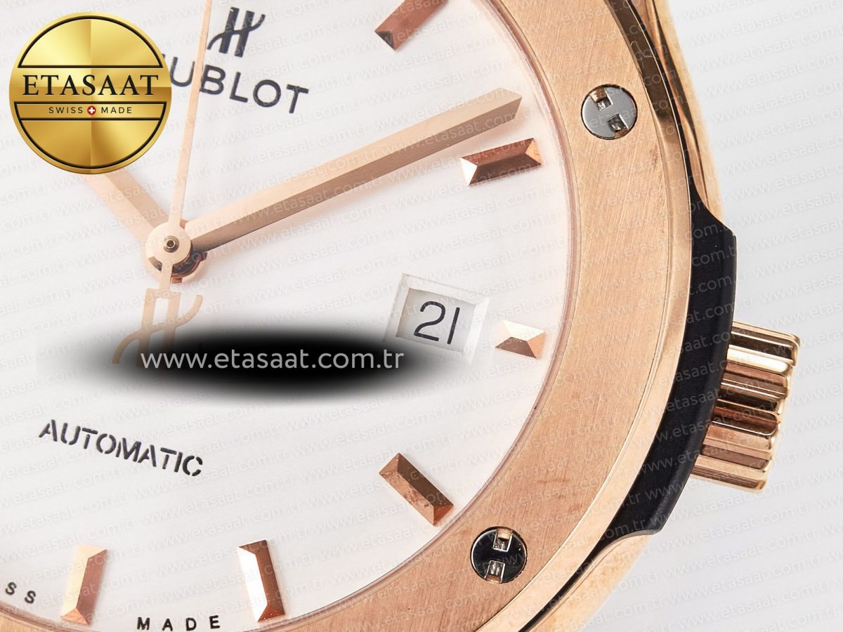 Hublot Classic Fusion 42mm RG JJF 1:1 Best Edition White Dial on Black Gummy Leather Strap - Görsel 12