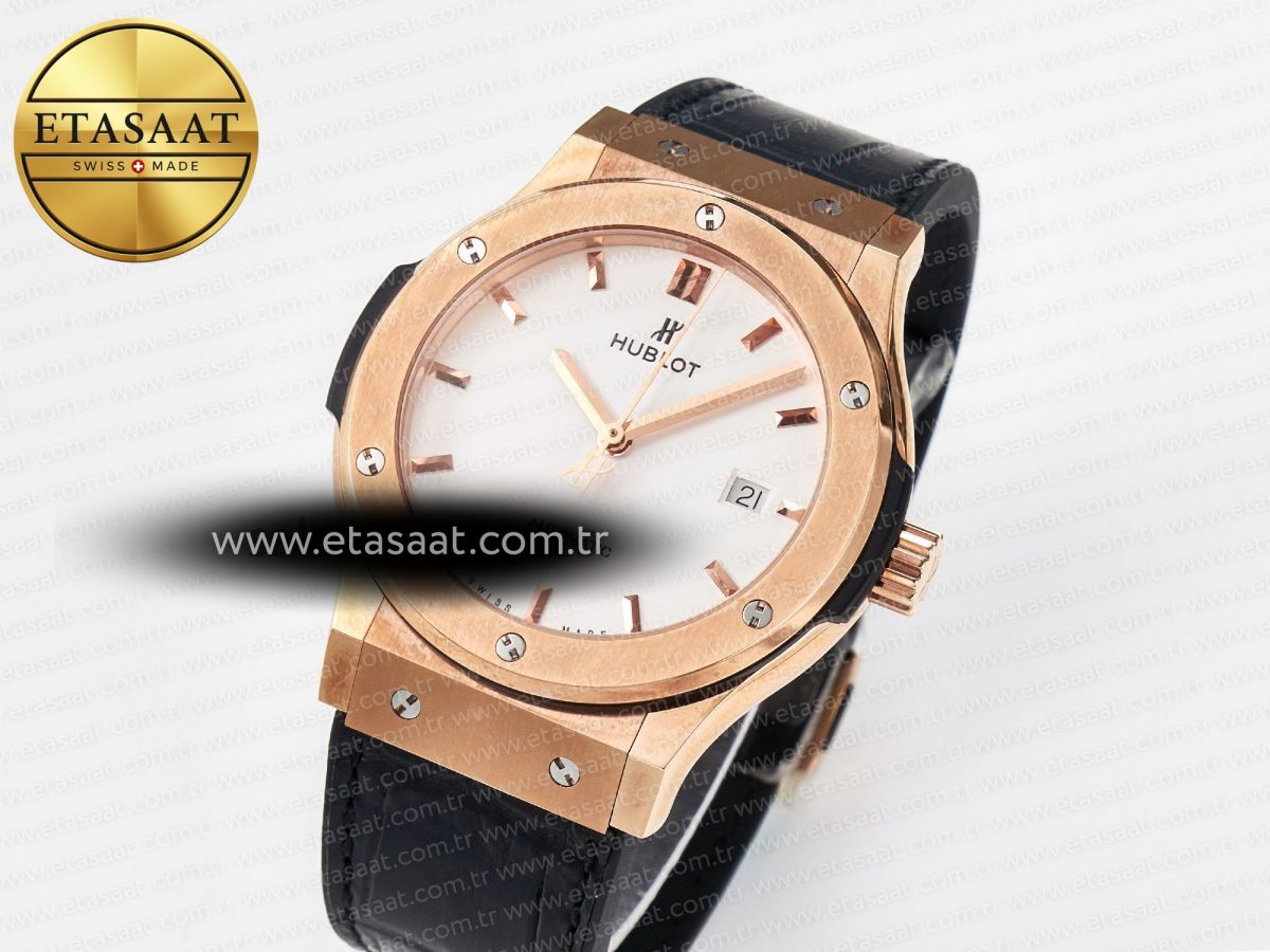 Hublot Classic Fusion 42mm RG JJF 1:1 Best Edition White Dial on Black Gummy Leather Strap - Görsel 2