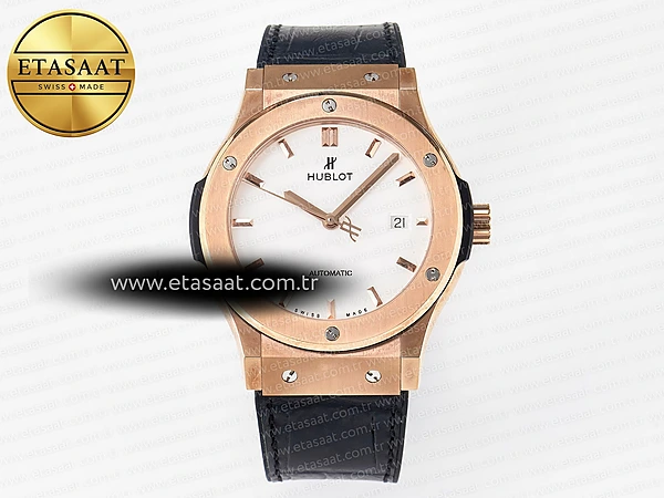Hublot Classic Fusion 42mm RG JJF Beyaz Kadran Siyah Deri Eta Saat - 1:1 Süper Klon Replika Saat