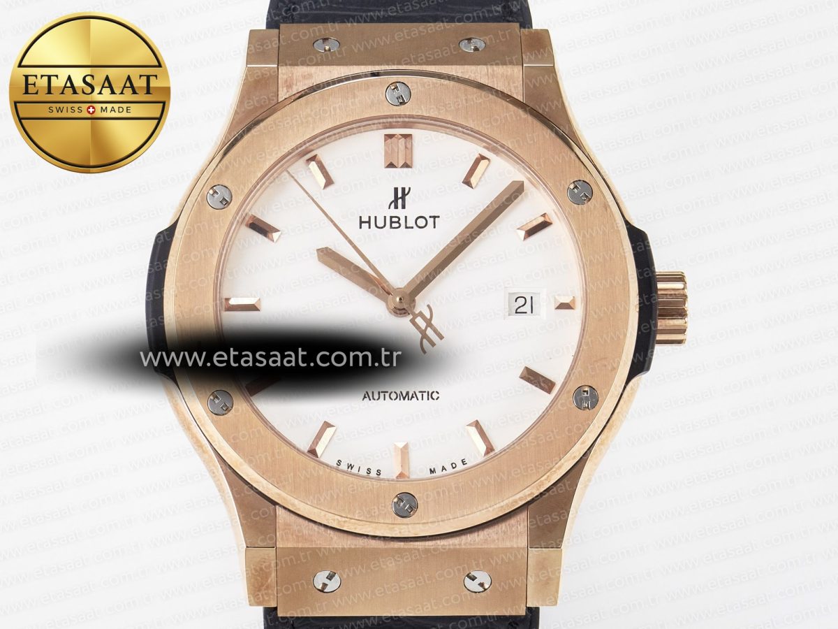 Hublot Classic Fusion 42mm RG JJF 1:1 Best Edition White Dial on Black Gummy Leather Strap - Görsel 4