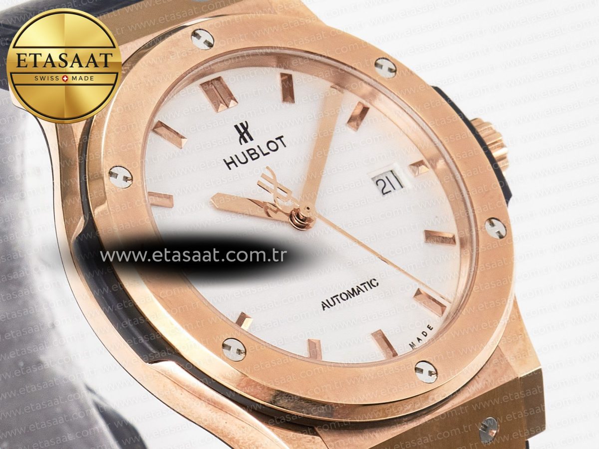 Hublot Classic Fusion 42mm RG JJF 1:1 Best Edition White Dial on Black Gummy Leather Strap - Görsel 5