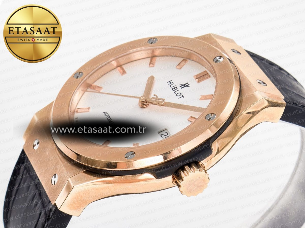 Hublot Classic Fusion 42mm RG JJF 1:1 Best Edition White Dial on Black Gummy Leather Strap - Görsel 6