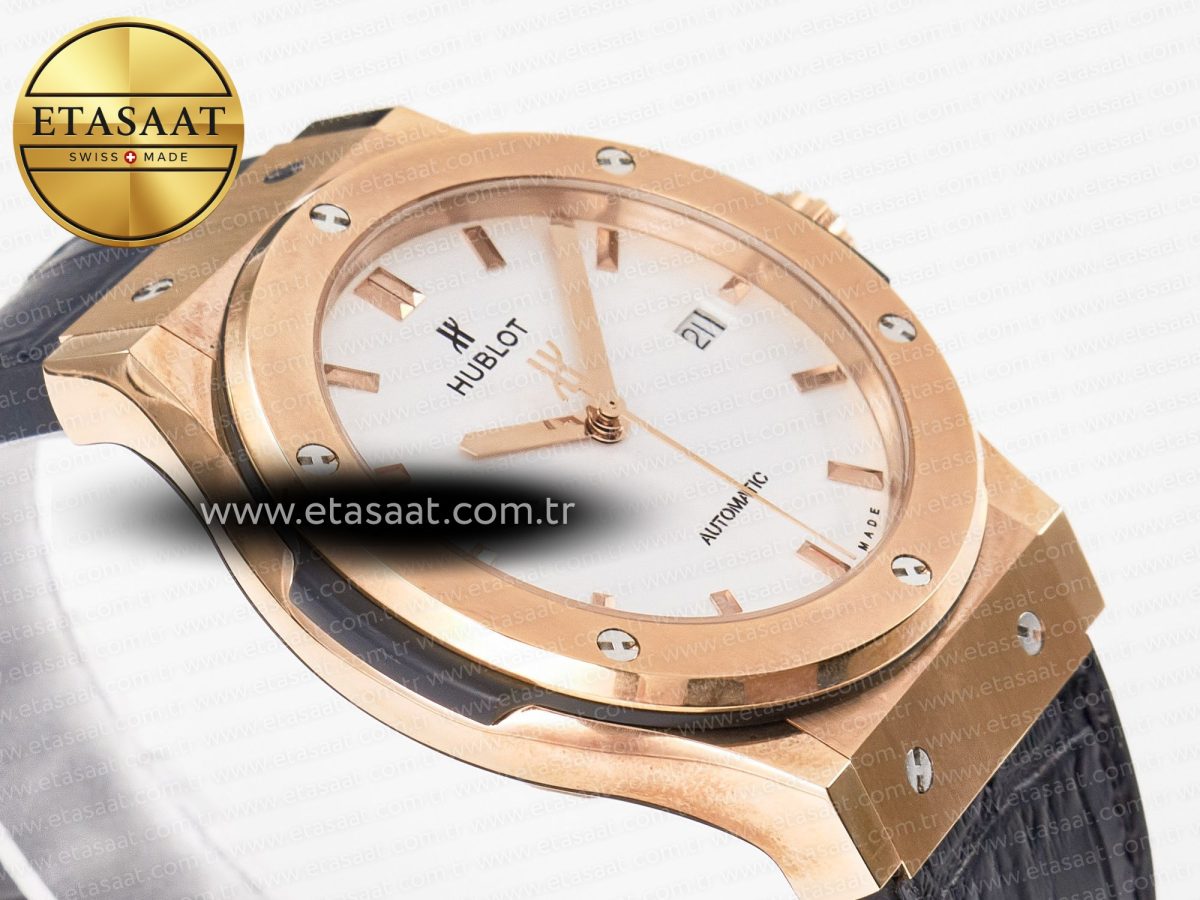 Hublot Classic Fusion 42mm RG JJF 1:1 Best Edition White Dial on Black Gummy Leather Strap - Görsel 7