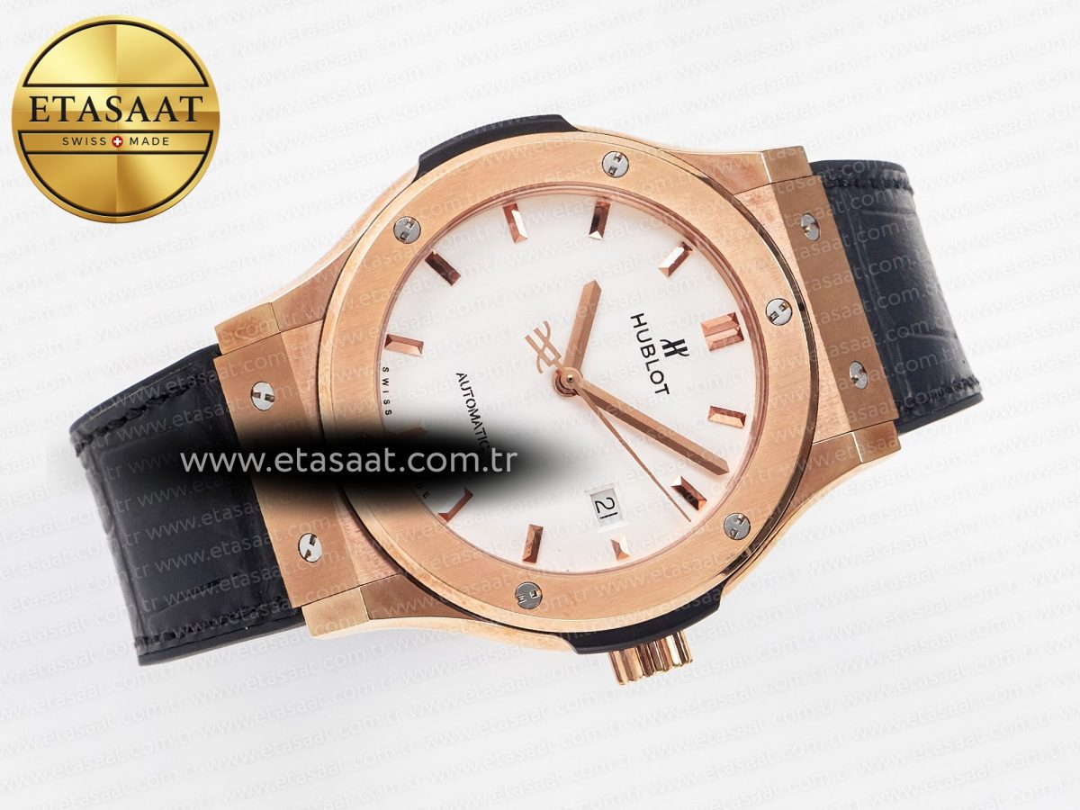 Hublot Classic Fusion 42mm RG JJF 1:1 Best Edition White Dial on Black Gummy Leather Strap - Görsel 8