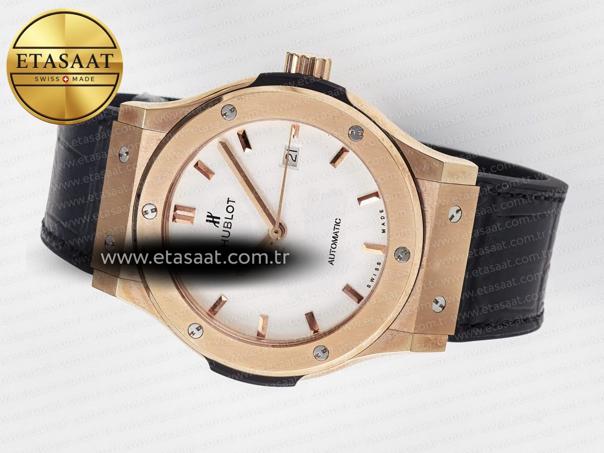 Hublot Classic Fusion 42mm RG JJF 1:1 Best Edition White Dial on Black Gummy Leather Strap - Görsel 9